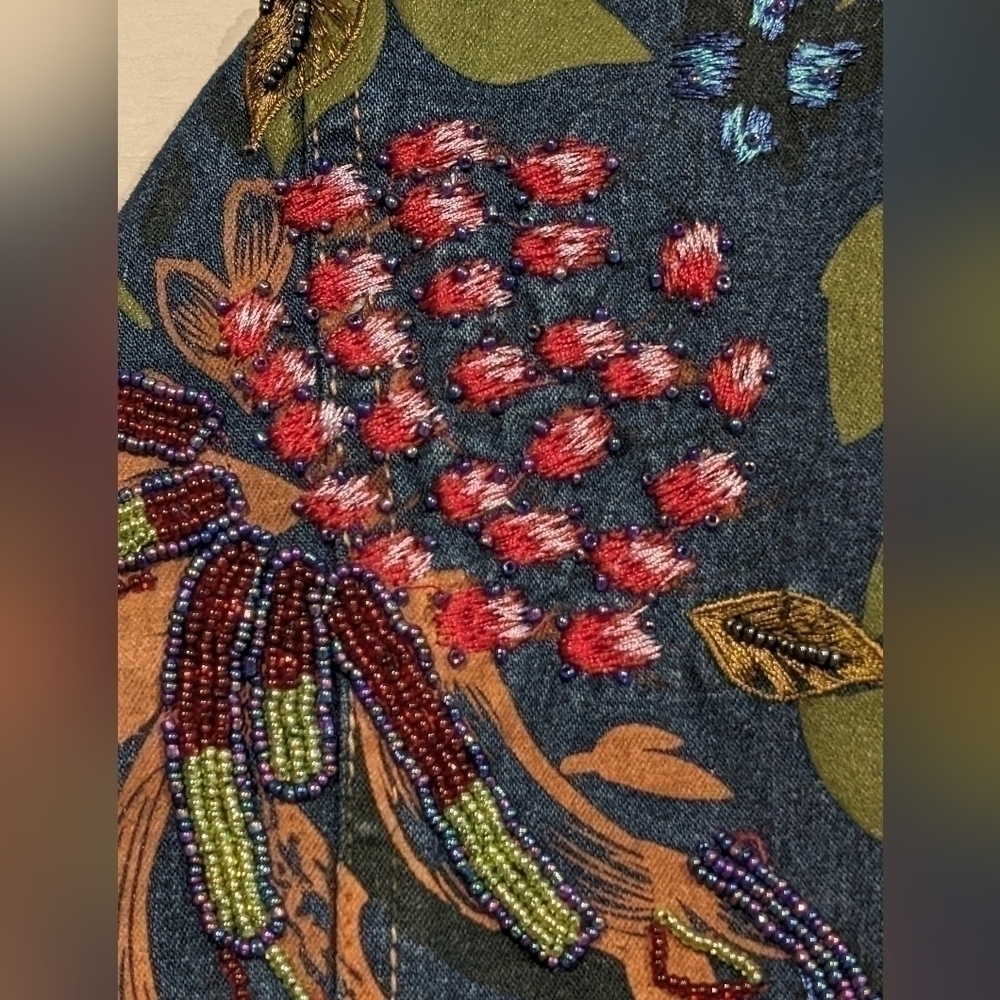 Susan Graver Bohemian Beaded  Embroidered Painted Denim Chore Jacket Floral  1X - Picture 10 of 16